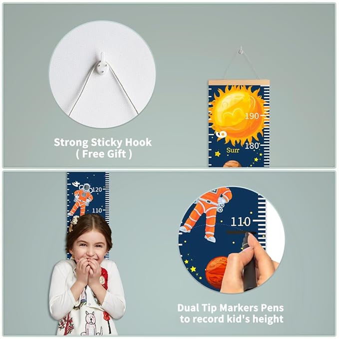 Baby Growth Chart for Wall - Height Chart for Kids Nursery Decor Wall Hanging Measurement Ruler with Black Wood Scroll Toddlers Room Decor Birthday Christmas Gifts for Boys Girls 79"X7.9" (Planets)