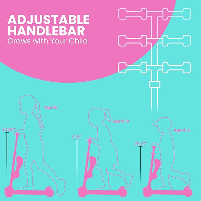 Candy 3 Wheel Scooter with Seat for Kids – Light-Up LED Wheels, Adjustable Handlebar and Seat, Smooth PU Wheels, Wide Anti-Slip Deck, Rear Foot Brake – Toddler Outdoor Toys for Ages 2+