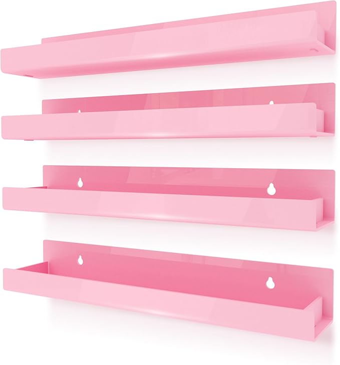4 Pack 15 Inch Pink Acrylic Shelves, Kids Floating Bookshelf for Kids Room, Modern Nail Polish Rack Sunglasses Essential Oil Picture Ledge Display Toy Storage Wall Shelf