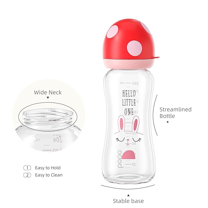 YOHKOH Natural Glass Baby Bottle with Natural Response Nipple, Newborn Anti-Colic Baby Bottles, Wide Neck Mushroom Cap Baby Bottle, Clear (8.8ounce (Pack of 4), Red1)