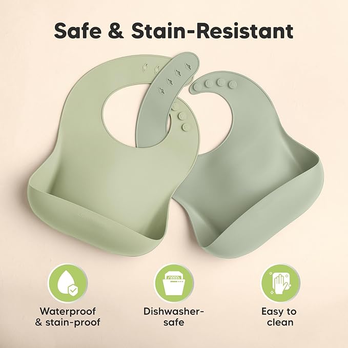 KeaBabies 2-Pack Silicone Baby Bibs for Eating - Sturdy Food-Grade Silicone Bibs for Babies Girl, Boy, Large Food Catcher, Clean & Put On Easily, Waterproof Toddler Feeding Essentials (Sage)