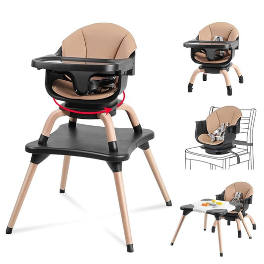 Baby High Chair, 7 in 1 Convertible High Chairs for Babies and Toddlers, Kids Learning Table, Building Block Table, Toddler Dining Chair with 360° Rotating Seat, 5-Point Safety Harness (Black)