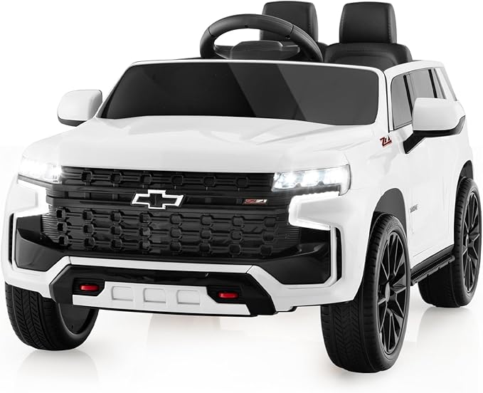 Costzon Ride on Car, 12V Licensed Chevrolet Tahoe Battery Powered Electric Vehicle w/ 2.4G Remote Control, High/Low Speed, Music, Lights, MP3/USB/FM, Spring Suspension, Electric SUV for Kids (White)
