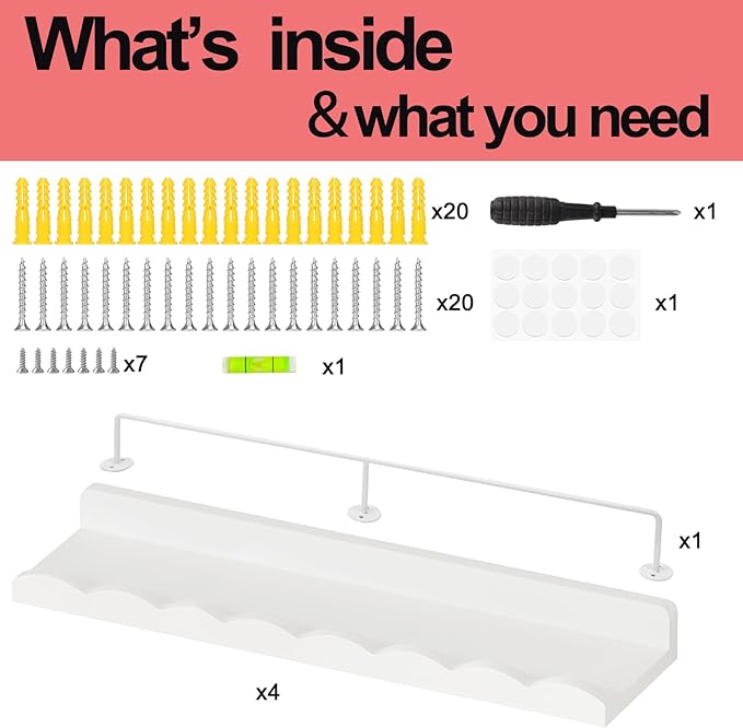 Fixwal Nursery Shelves, 24 Inch Floating Bookshelves for Wall Set of 4, Scalloped Wall Book Shelves with Towel Rack for Kids, Toddler Room, Baby Room, Nursery Decor and Storage(White)