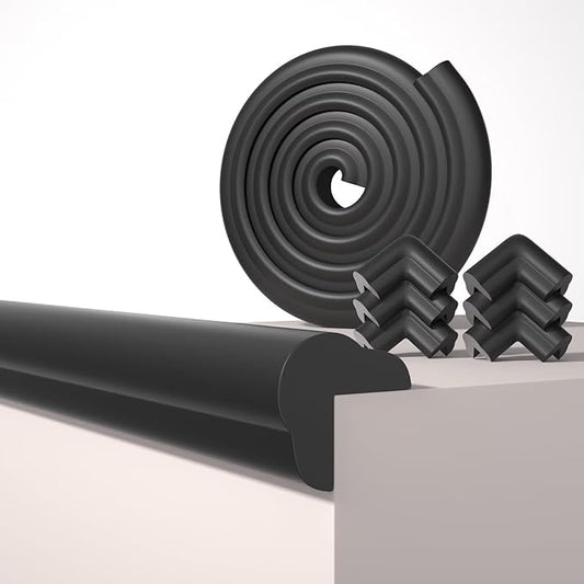 Edge Corner Protector Baby Proofing, 6.56FT 0.6'' Thicken L-Shape Furniture Fireplace Safety Bumper Guard with 6 Corners, Pre-Taped, Soft NBR Rubber Foam, Table Edge Protector for Baby (Black)