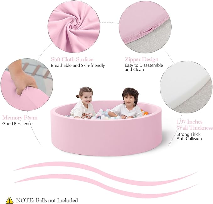 Ball Pit for Toddlers, 35.4"x 11.8" Foam Ball Pits, Indoor Soft Round Baby Playpen for Children, Ideal Gift for Toddlers, Pink, (Balls not Included)