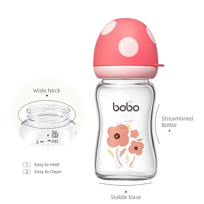 YOHKOH Natural Glass Baby Bottle with Natural Response Nipple, Newborn Anti-Colic Baby Bottles, Wide Neck Mushroom Cap Baby Bottle, Clear ((5.4oz (Pack of 2), Red-1)