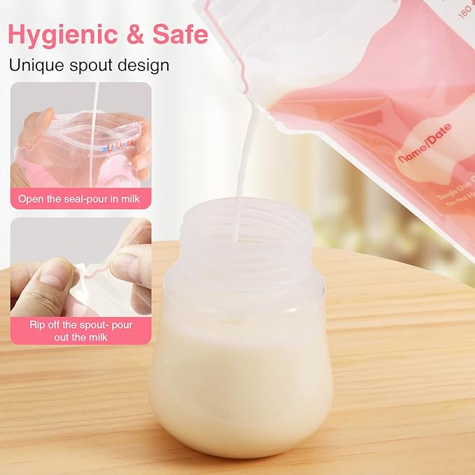 Breastmilk Storage Bags(180 Count)，8oz Milk Storage Bags for Breastfeeding，BPA Free with Easy Pour Spout, Self Standing, for Refrigeration and Freezing
