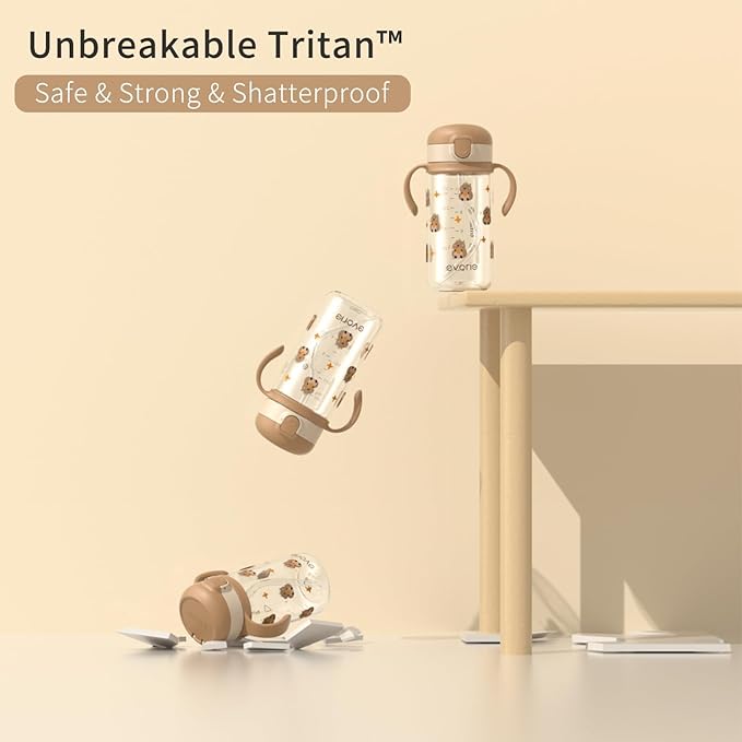 Evorie Tritan Spill Proof Toddler Straw Sippy Cup, 10 oz for Baby and Toddlers 1-3 Years Old, No Spill Straw Water Bottle with Removable Handles, Ideal for School, BPA-Free, Choco Car (NEW)