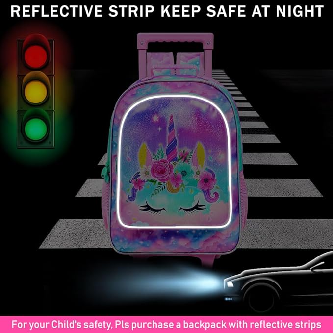 Girls Rolling Backpack, Cute Unicorn Roller Wheels Kids Bookbag - Wheeled Elementary School Bag - 3PCS Unicorn