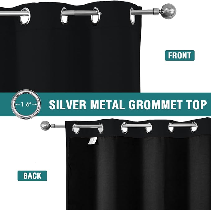 ChrisDowa 100% Blackout Curtains 63 inch Long for Bedroom with Black Liner, Extra Wide 2 Thick Layers Total Blackout Thermal Insulated Grommet Window Curtains 2 Panels Set (Black, 60 x 63 Inch)