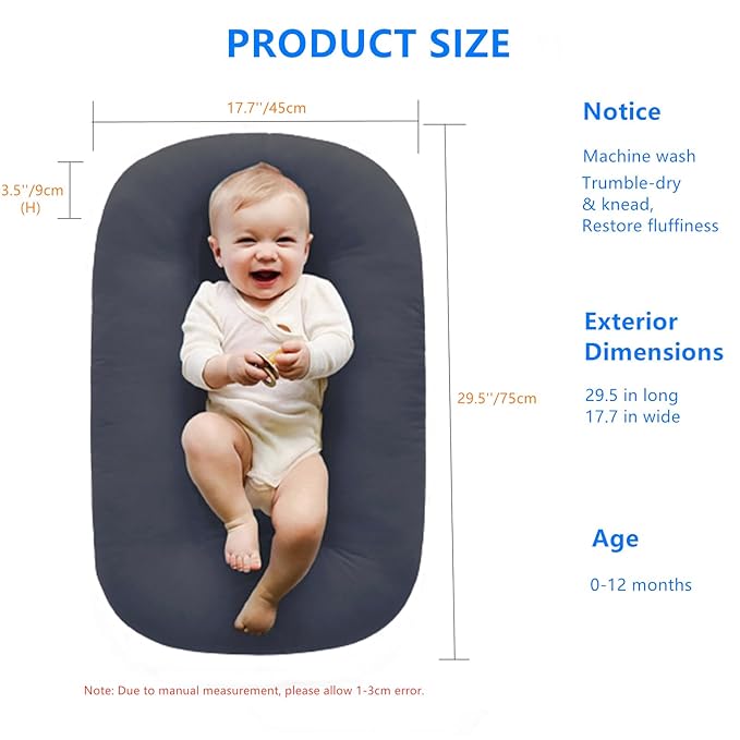 Baby Lounger for Newborns, Baby Nest & Floor Cushion, Soft Cotton, Portable Diaper Changing Pads for Boys & Girls 0-12 Months (Dark Gray)