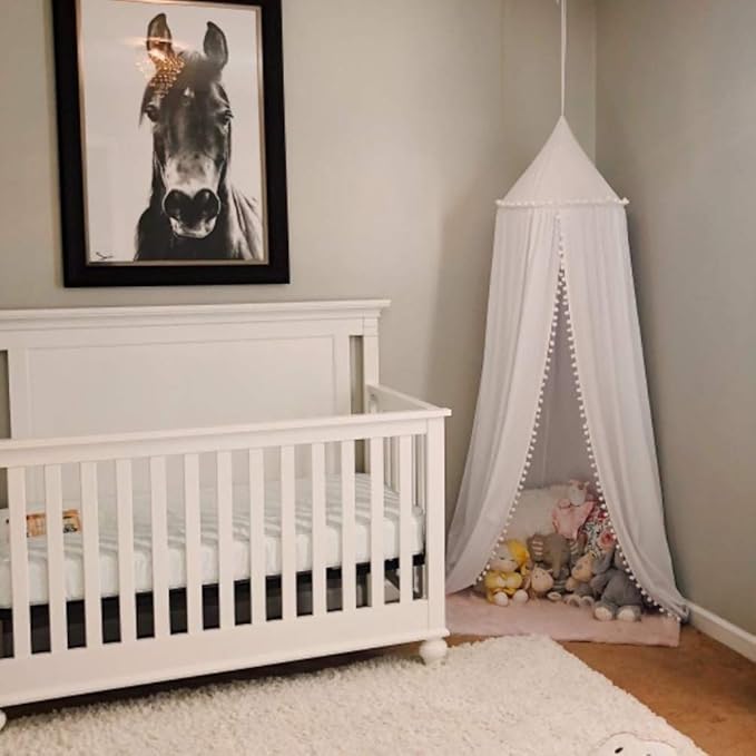 Bed Canopy with Pom Pom Cotton Canopy for Kids Crib Baby Girl Netting Cover Canopy Crib Curtain Reading Nook Hanging Tent Nursery Play Game Castle Room Decoration (White)