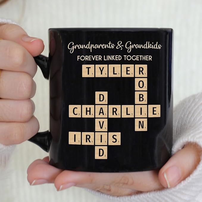 Family Forever Linked Together Custom Names Ceramic Mug, Crossword Puzzle Art, for Birthday, Anniversary or Special Occasions (Grandparents & Grandkids Forever Linked Together Black Mug)