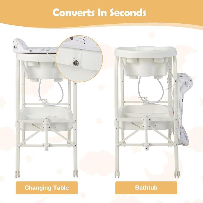 HONEY JOY Baby Changing Table with Bathtub, Foldable Infant Diaper Changing Station with Wheels, Storage Tray, Waterproof Pad, Portable Newborn Nursery Organizer Bath Stand for Boys Girls (White)