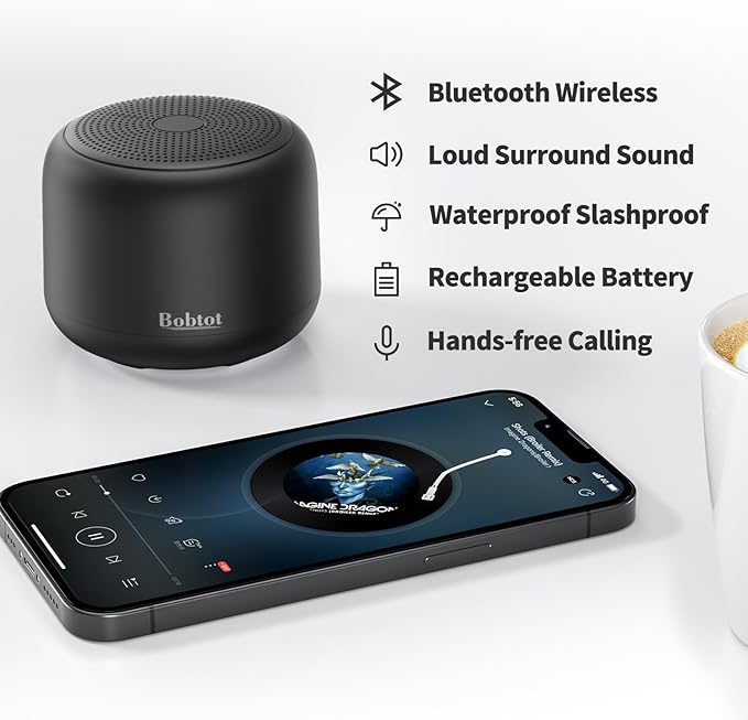 Bobtot Portable Bluetooth Speakers with Strap Easy to Carry, Wireless IPX5 Waterproof Mini Speaker with Loud Stereo Sound, 20 Hours Playtime, Rechargeable Battery, Built-in Microphone, Black