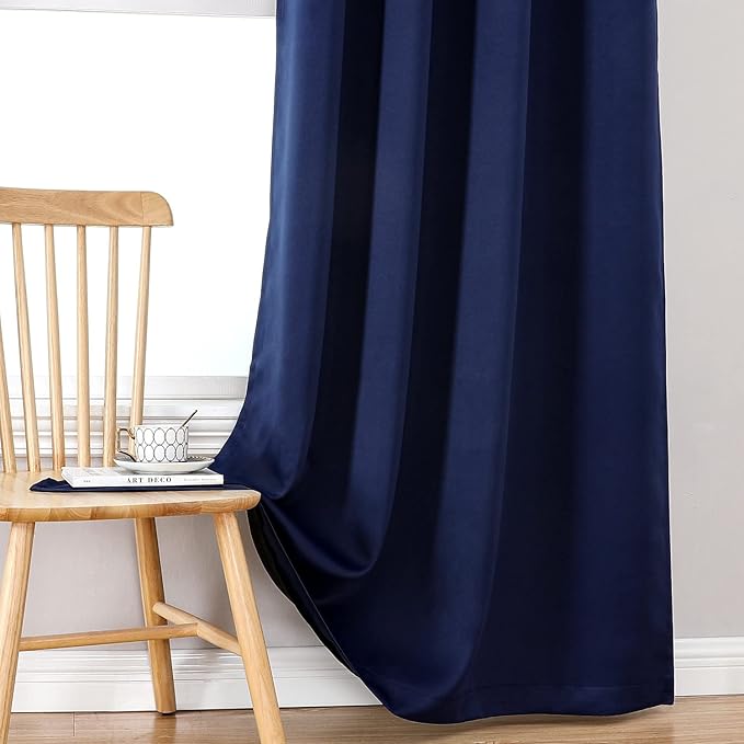 ChrisDowa 100% Blackout Curtains for Bedroom with Black Liner, 2 Thick Layers Total Blackout Thermal Insulated Grommet Small Window Curtains 2 Panels Set (Navy Blue, 42 x 45 Inch)