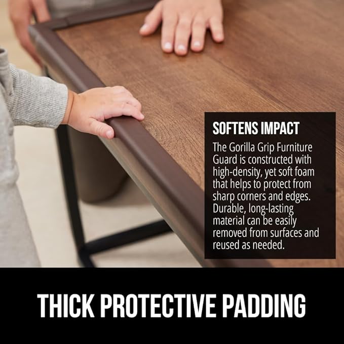 GORILLA GRIP Baby Proof Corners and Edges for Furniture, Kid Proofing Adhesive Table Corner Protectors, Heavy Duty Soft Rubber Foam Protection, Includes 8 Protective Safety Guards, 18 Feet, Brown