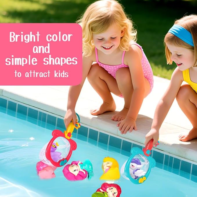 No Hole Bath Toys for Kids Ages 1-3, 8 Pcs Girl Bath Toys with Storage and Net, Sealed & Squeezable & Float on Water