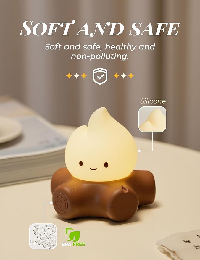 Campfire Night Light for Kids, Cute Campfire Lamp Gifts, LED Light up Flame Lights, Dimmable, Rechargeable Bedside Nightlight, Baby Nursery Dorm Kawaii Décor Toys