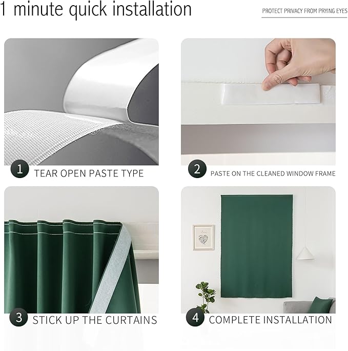 Blackout Curtains for Bedroom Stick On Curtains Window Shades Pull Down Blackout Window Cover No Drillng Self Adhesive Curtains No Rod Small Curtain, 35" W X 59" L, Dark Green, 1 Panel