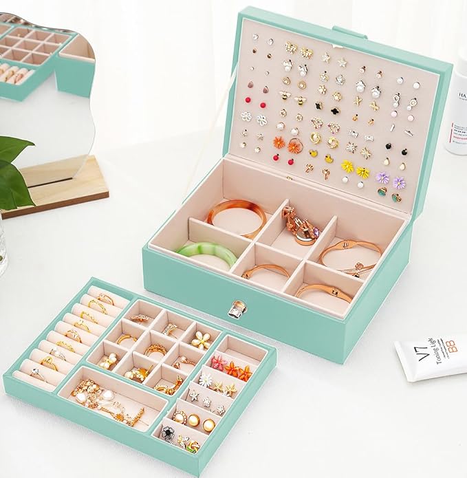 Girls Jewelry Box for Earrings Jewelry Organizer Box Teen Girls Earrings Organizer Jewelry Box Earring Holder Organizer Stud Earring Box for Girls Womens Jewelry Case Organizer Teal