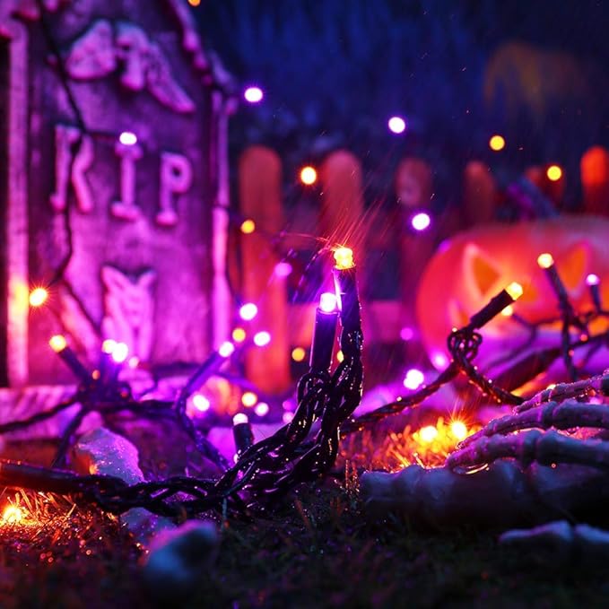 Brizled Orange & Purple Halloween Lights, 33ft 100 LED Halloween Lights 5mm Wide Angle String Light, 120V UL Certified Connectable Mini Purple Light Outdoor for Party Home Tree Decoration, Black Wire