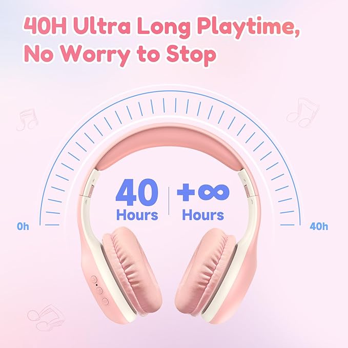 EarFun K2 Kids Bluetooth Headphones, Kids Headphones with Volume Limited, 40H Playtime, Built-in Mic, Stereo Sound, Foldable Over-Ear Headphone for School/Travel/iPad/Tablet, Pink