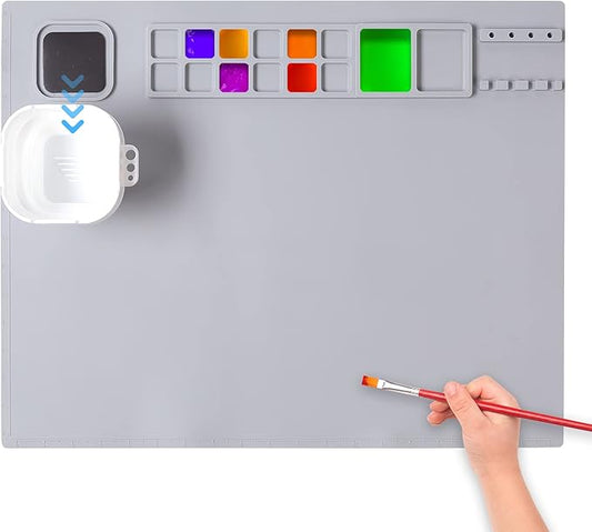 AWOKE Silicone Painting Mat - 20"X16" Silicone Art Craft Mat with 1 Water Cup for Kids -12 Color Dividers - 2 Paint Dividers (Grey)