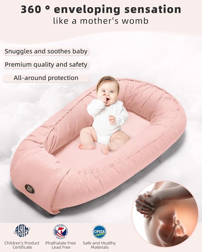 Baby Lounger for Newborn 0-24 Months, Breathable & Soft Infant Lounger, Adjustable Tummy Time Lounger for Home and Travel, Baby Girls & Boys Newborn Babies Essentials Stuff, Pink