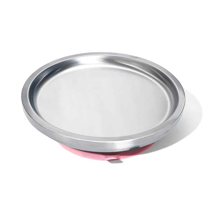 Avanchy Open Baby Plates with Suction – Stainless Steel Divided Plates for Toddlers, BPA-Free, Dishwasher Safe, Unbreakable, Non-Toxic, 100% Silicone Suction – Pink