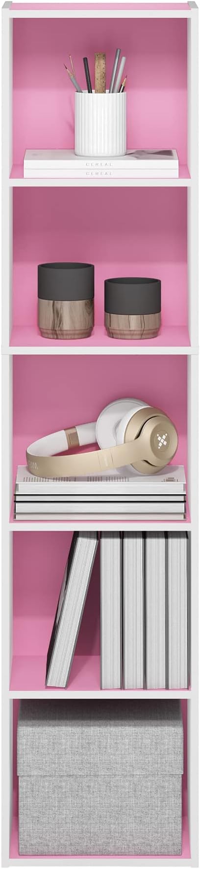 Furinno Luder Bookcase / Book / Storage, 5-Tier Cube, Pink/White