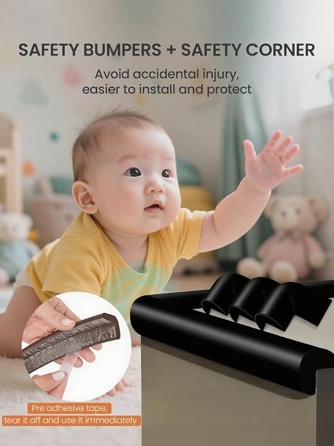 Baby Proof Edge Corner Protector, 16.4FT 0.47''Th L-Shape Furniture Corner & Edge Safety Bumpers with 10 Corners, Pre-Taped, Soft NBR Rubber Foam Desk Edge Cushion Wall Corner Protector (Black)