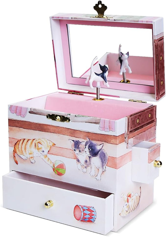 Curious Kittens Musical Jewelry Box Cat Spins to Ode to Joy 3 Pullout Drawers Treasure Storage