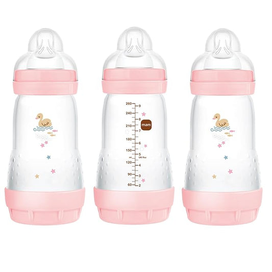 MAM 9oz Easy Start Anti-Colic Baby Bottles, Medium Flow, Breastfeeding-Like Silicone Nipple Bottle, Reduces Colic, Gas, & Reflux, Easy-to-Clean, BPA-Free, 2+ Months