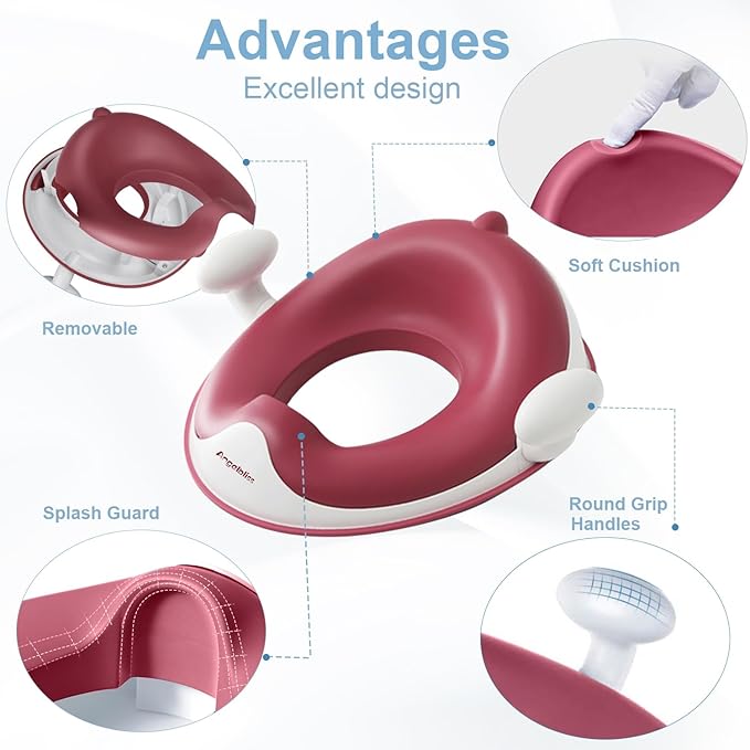 ANGELBLISS Baby Potty Training Toilet Seat with Soft Cushion Handles, Haute Collection, Double Anti-Slip Design and Splash Guard for Boys and Girls (Dark Pink)