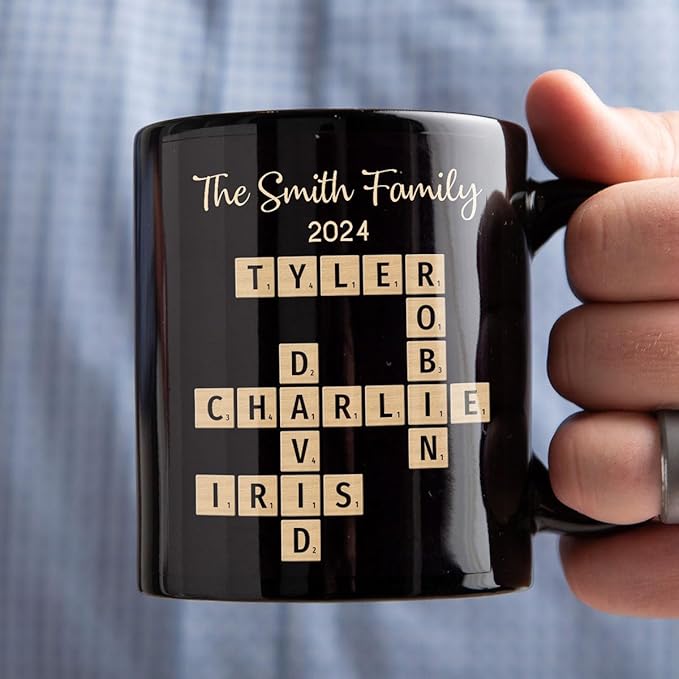Family Forever Linked Together Custom Names Ceramic Mug, Crossword Puzzle Art, for Birthday, Anniversary or Special Occasions (Family Forever Linked Together Black Mug)