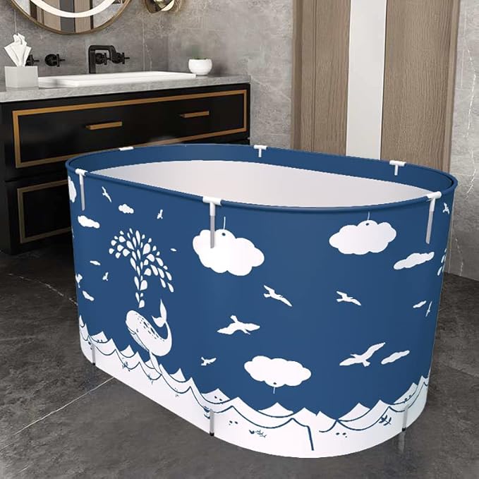 BESTHLS Foldable Bathtub Portable Soaking Bath Tub,Eco-Friendly Bathing Tub for Shower Stall (Large, Blue Whale)