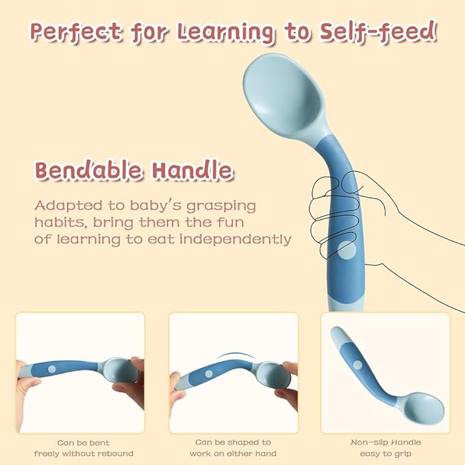 Baby Utensils Spoons and Forks Set Bendable Self-Feeding Silverware for Toddler Children with Travel Case Gum Friendly Food Grade (Yellow+Green, 2 Set)