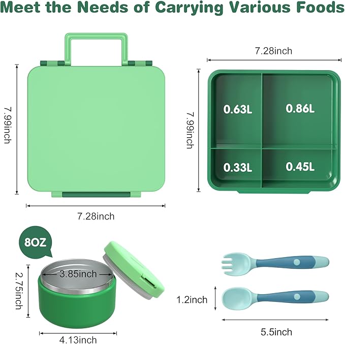 Bento Lunch Box with 8oz Soup Thermo, Kids Leakproof Lunch Food Containers with 4 Compartment, Kids Thermo Insulated Hot Food Jar for School, Trvael-Green