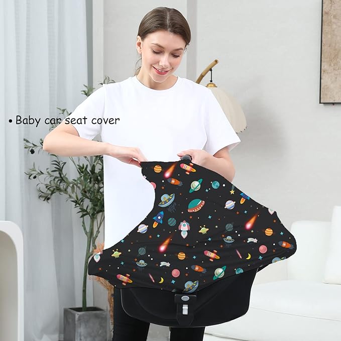 Carseat Covers Unisex - Black Creative Spacecraft Pattern Car Seat Canopy Cover for Babies, Multi-use Breastfeeding Cover, Baby Shower Gifts for Boy and Girls