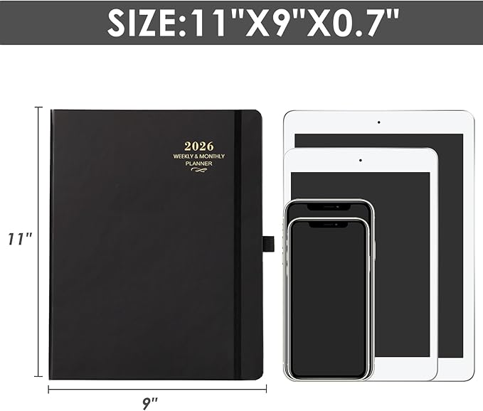 2026 Planner - 2026 Planner Weekly and Monthly, JAN 2026 - DEC 2026, Calendar Planner with Hardcover,Thick Paper, Back Pocket, Notes Pages, Pen Loop (9" x 11") - Black