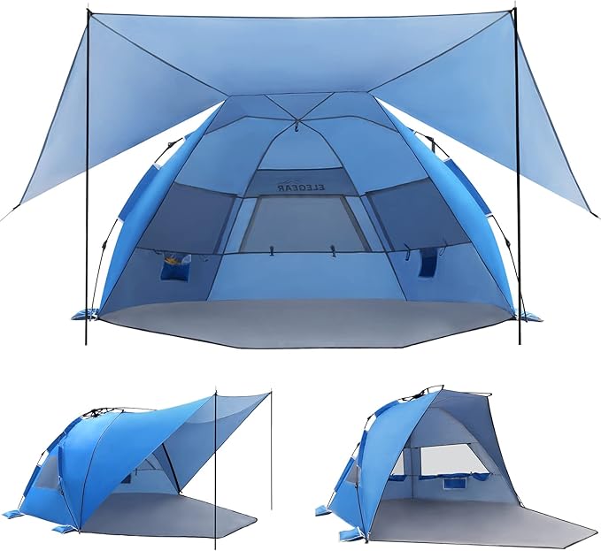 Elegear Beach Tent with Canopy, 1-Second Setup Pop Up Sun Shelter Shade, UPF 50+ UV Protection Silver-Coated Lightweight Portable Beach Cabana