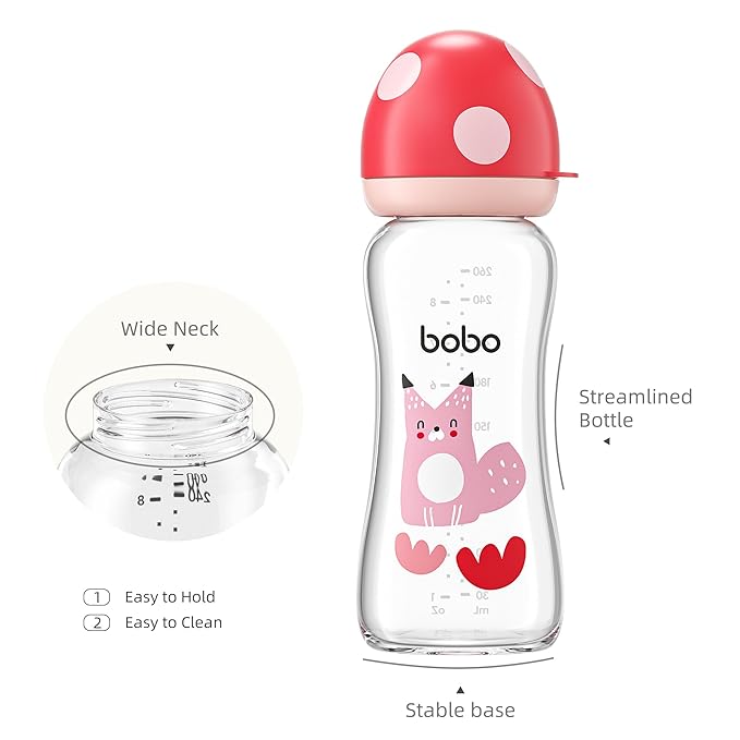YOHKOH Natural Glass Baby Bottle with Natural Response Nipple, Newborn Anti-Colic Baby Bottles, Wide Neck Mushroom Cap Baby Bottle, Clear (8.8ounce (Pack of 4), Red2)
