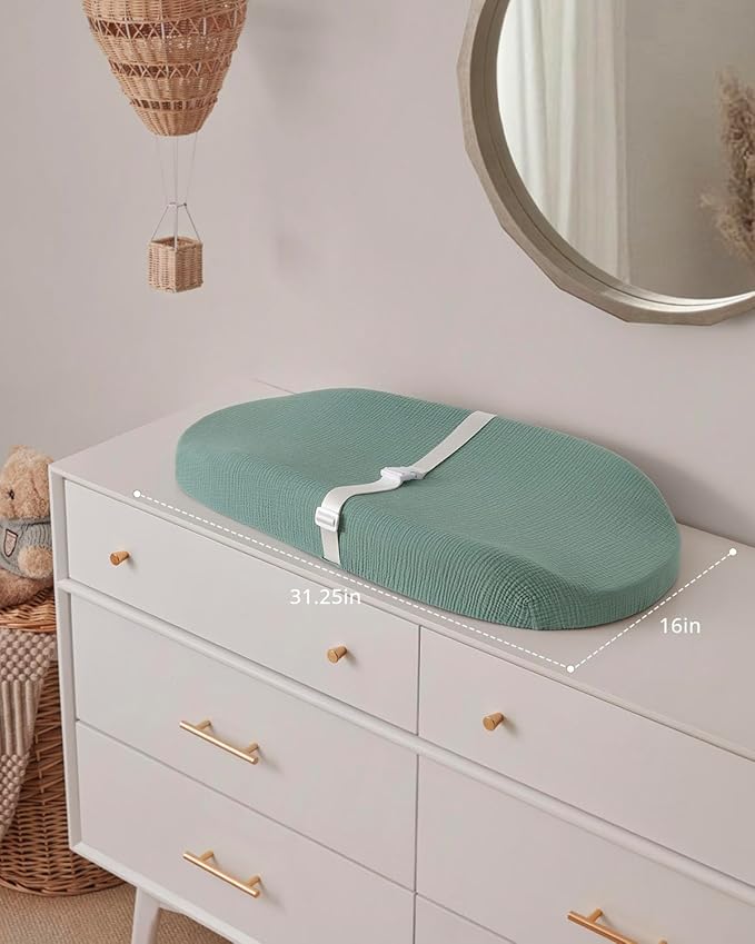 Blissful Diary Muslin Baby Changing Pad with Waterproof Lining Foam, Diaper Changing Table Pad with Cover for Dressers (Roman Green, Avocado)