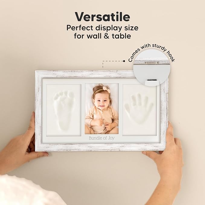 Baby Hand and Footprint Kit - Clay Handprint Keepsake Frame, Newborn Nursery Picture Frame, Personalized New Mom Gifts for Baby Shower & Registry (Vintage White)