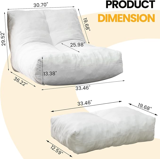 Bean Bag Chair with Ottoman, Comfy Bean Bag Sofa with Memory Foam, Lazy BeanBag Sofa with Footstool, Fireside Bean Bag Couch for Living Room, Bedroom, Apartment