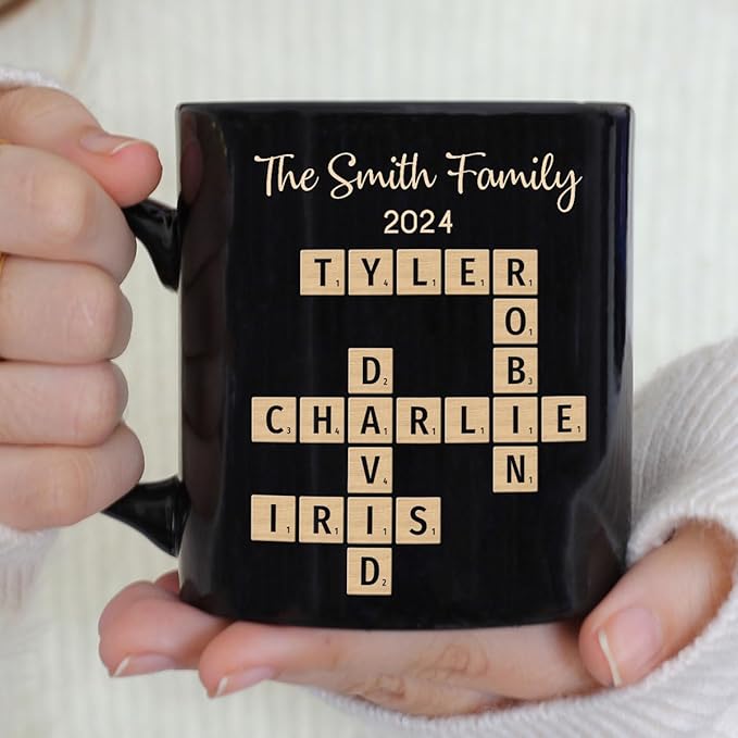 Family Forever Linked Together Custom Names Ceramic Mug, Crossword Puzzle Art, for Birthday, Anniversary or Special Occasions (Family Forever Linked Together Black Mug)