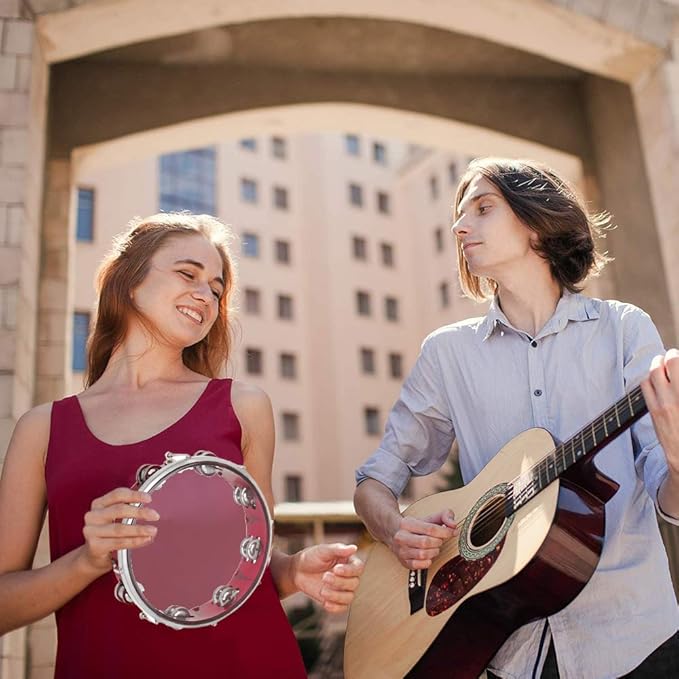 ENNBOM Tambourine Adjustable Tone Hand Drum Double Row Metal Jingles Hand Bell Performance Level Handheld Percussion (Red)