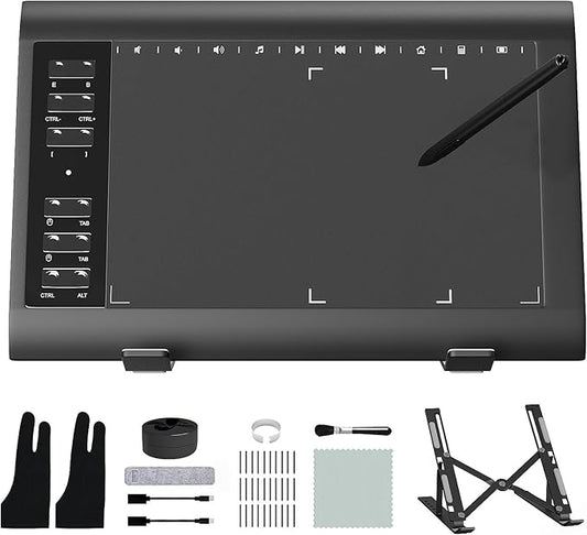 Graphic Drawing Tablet, ienRon 10x6.25 Inch,Digital Graphics Tablets for PC and Computer/Pad- 8192 Pressure Battery-Free Pen, 12 Hot Keys, Compatible Windows/Android, Includes Stand,Good Gifts,Black